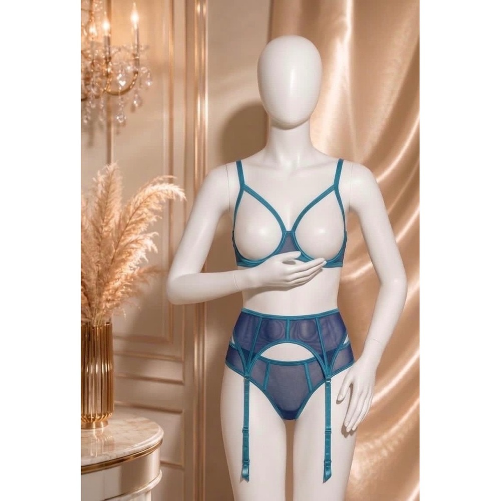 Cosabella Sardegna 3 Pc Open Cup Bra Garter Belt Open Bikini Set Nocturnal Blue